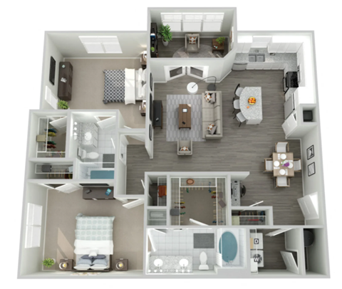 Floor plan for 2 beds, 2 baths, 1304 sqft